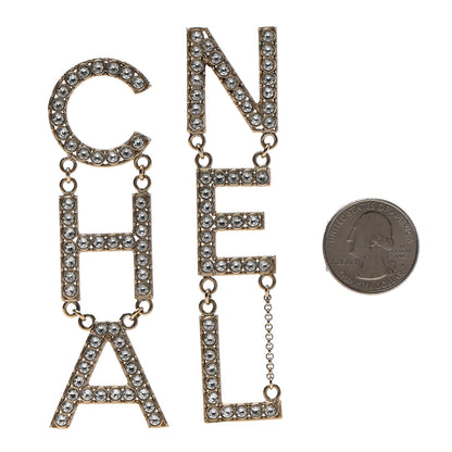 Chanel Crystal Cha-Nel Logo Drop Earrings Gold 2 of 4