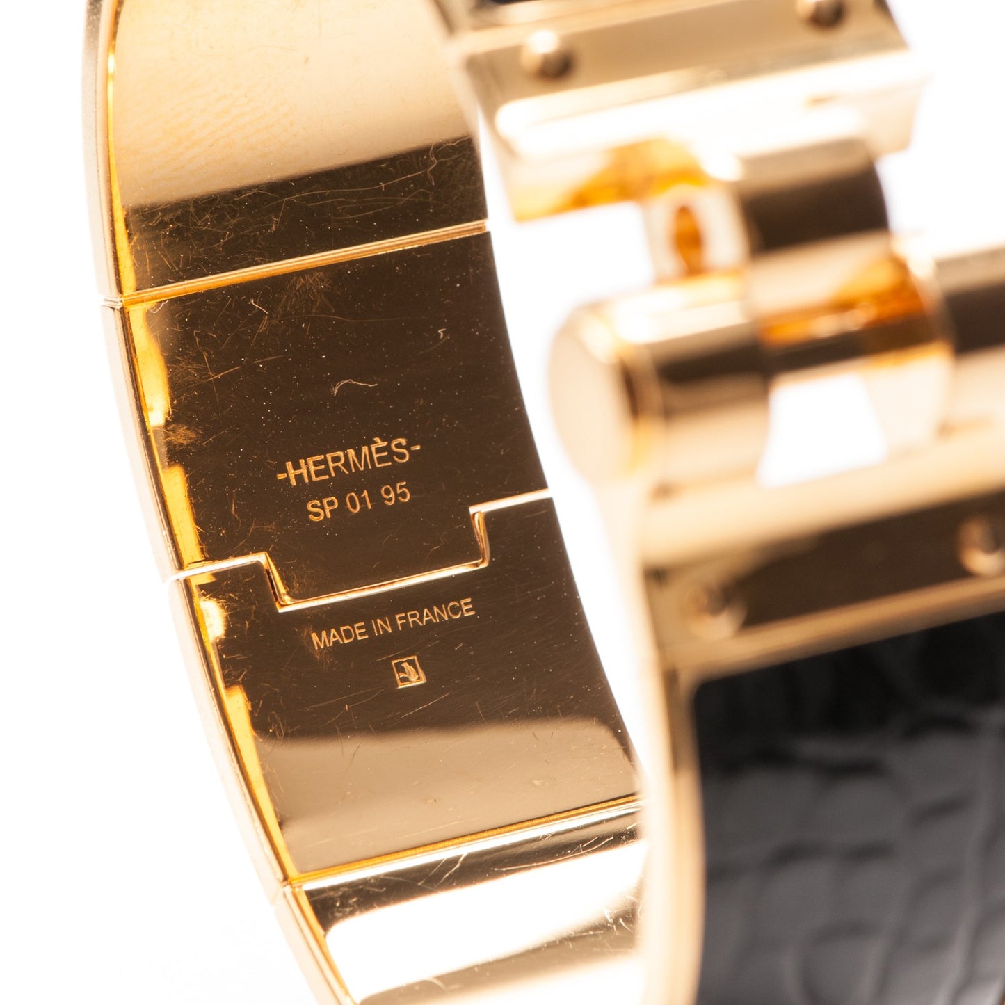 Shiny Alligator Charniere Cuir Wide Hinged Bracelet S Black