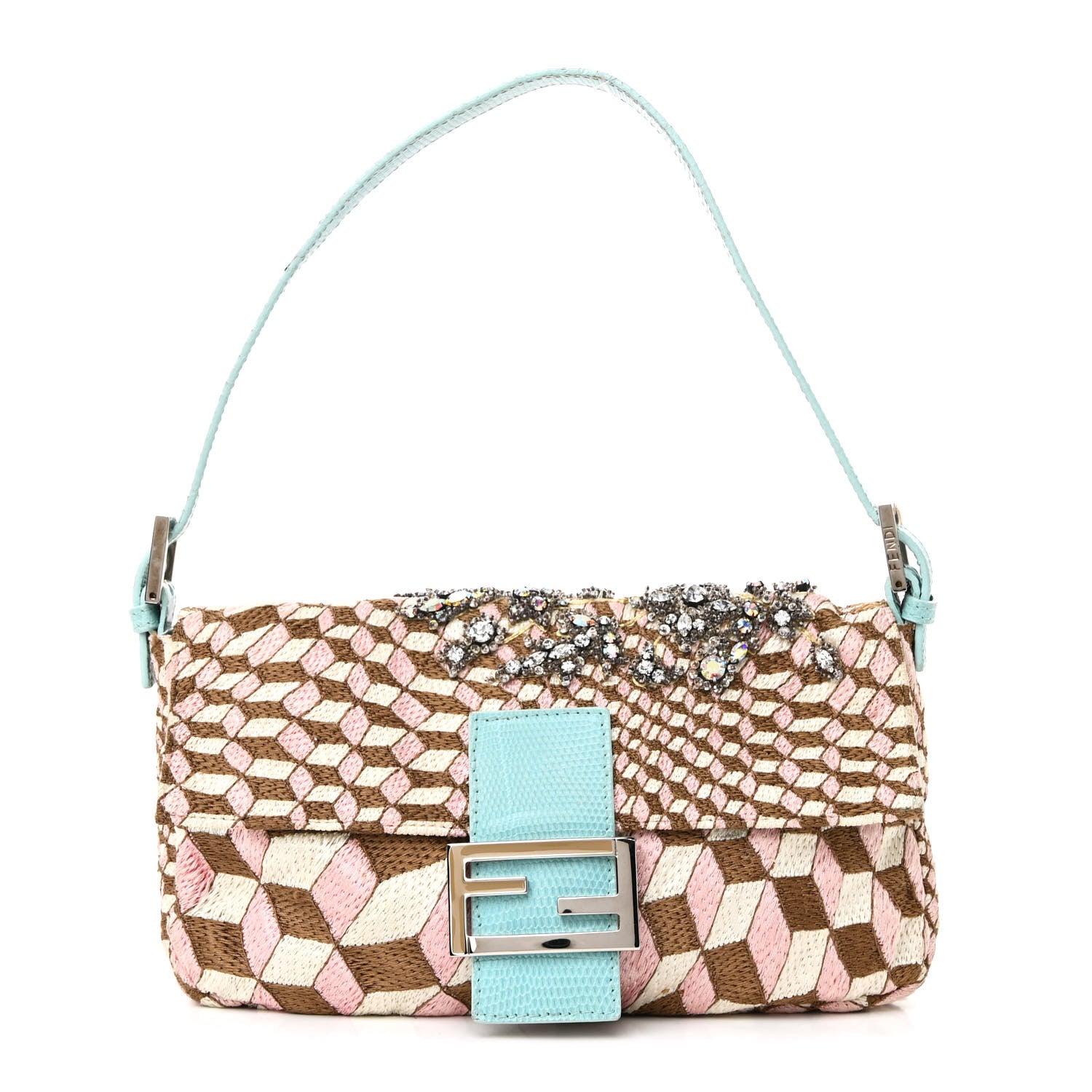 Fendi Fabric Lizard Crystal Embroidered Baguette Celeste 1 of 14