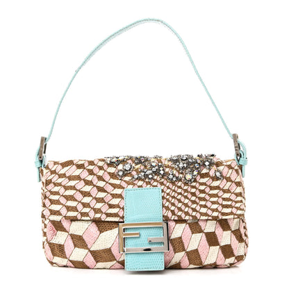 Fendi Fabric Lizard Crystal Embroidered Baguette Celeste 1 of 14