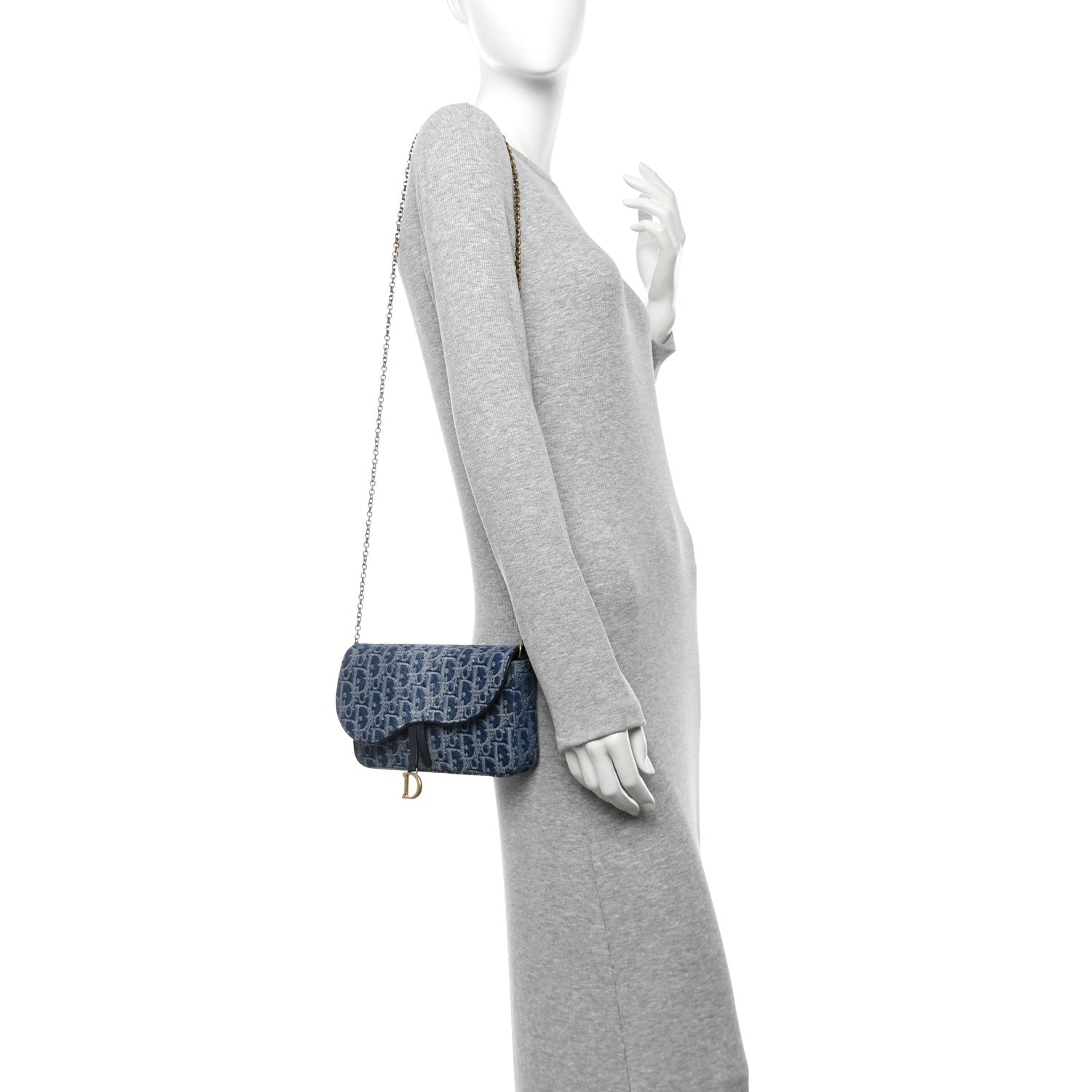 Christian Dior Oblique Denim Small Saddle Pouch With Chain Blue 2 of 10