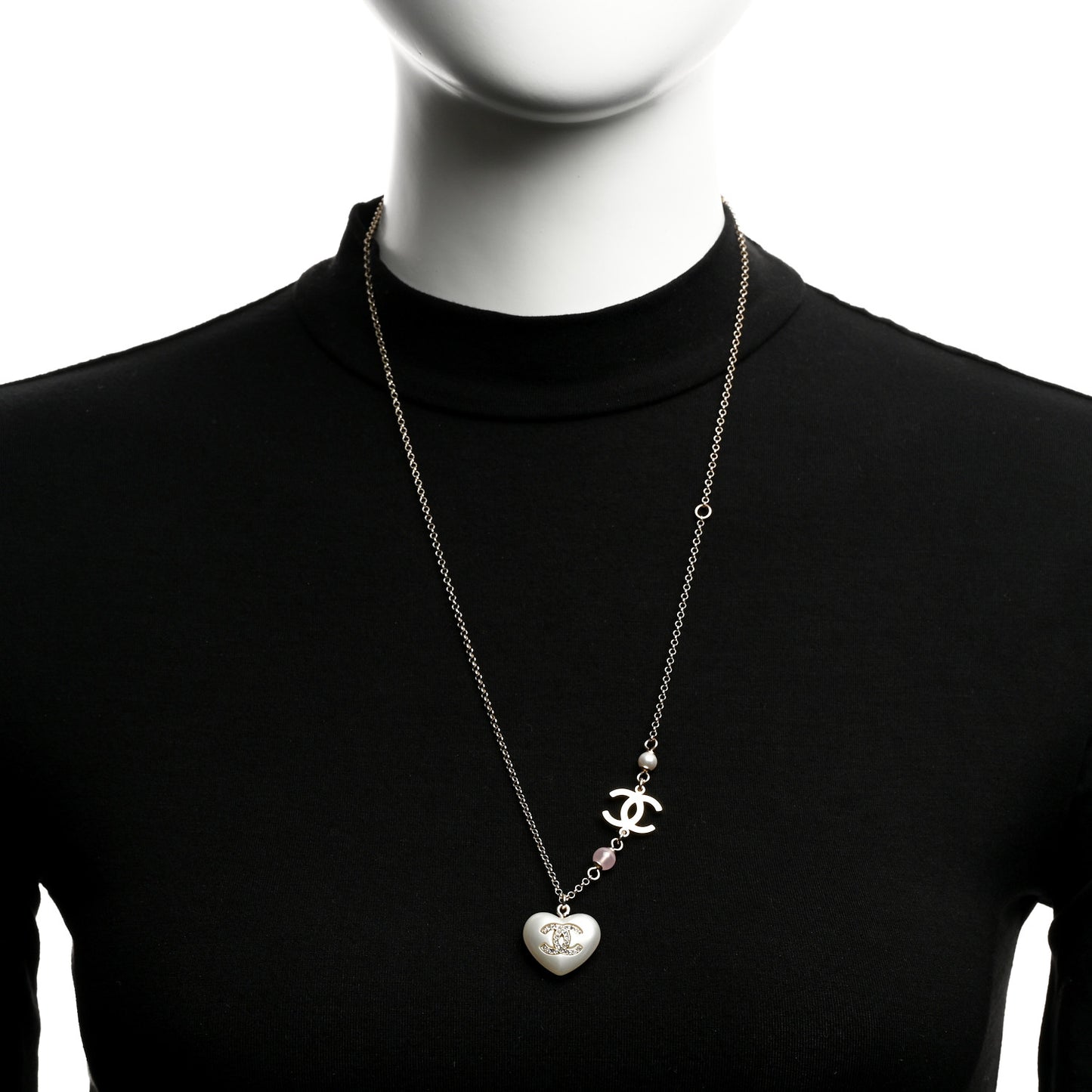 Resin Crystal CC Heart Necklace Pearly White Gold