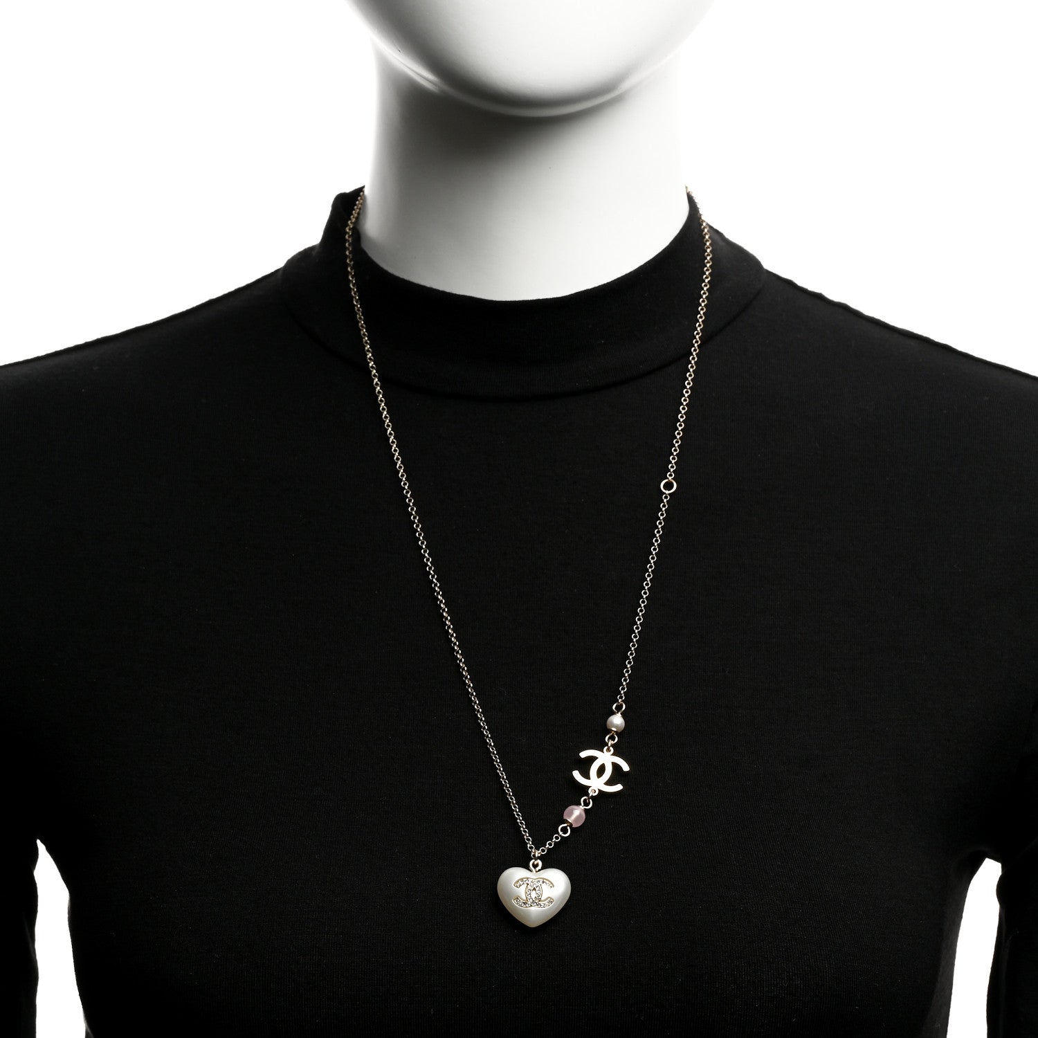 Chanel Resin Crystal CC Heart Necklace Pearly White Gold 2 of 6