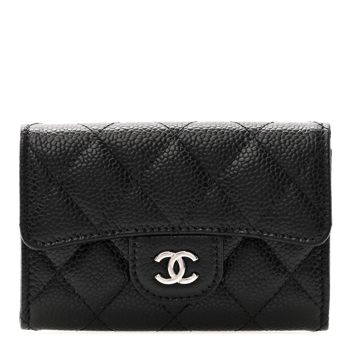 Caviar Quilted Flap Card Holder Wallet Black