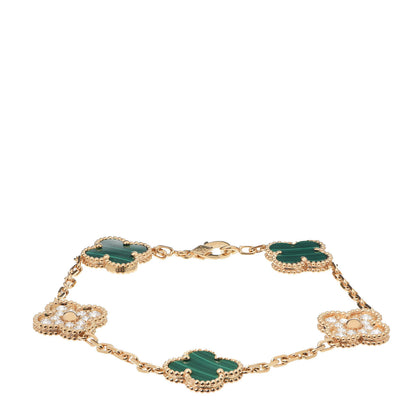 Van Cleef & Arpels 18K Yellow Gold Diamond Malachite 5 Motifs Vintage Alhambra Bracelet 1 of 9