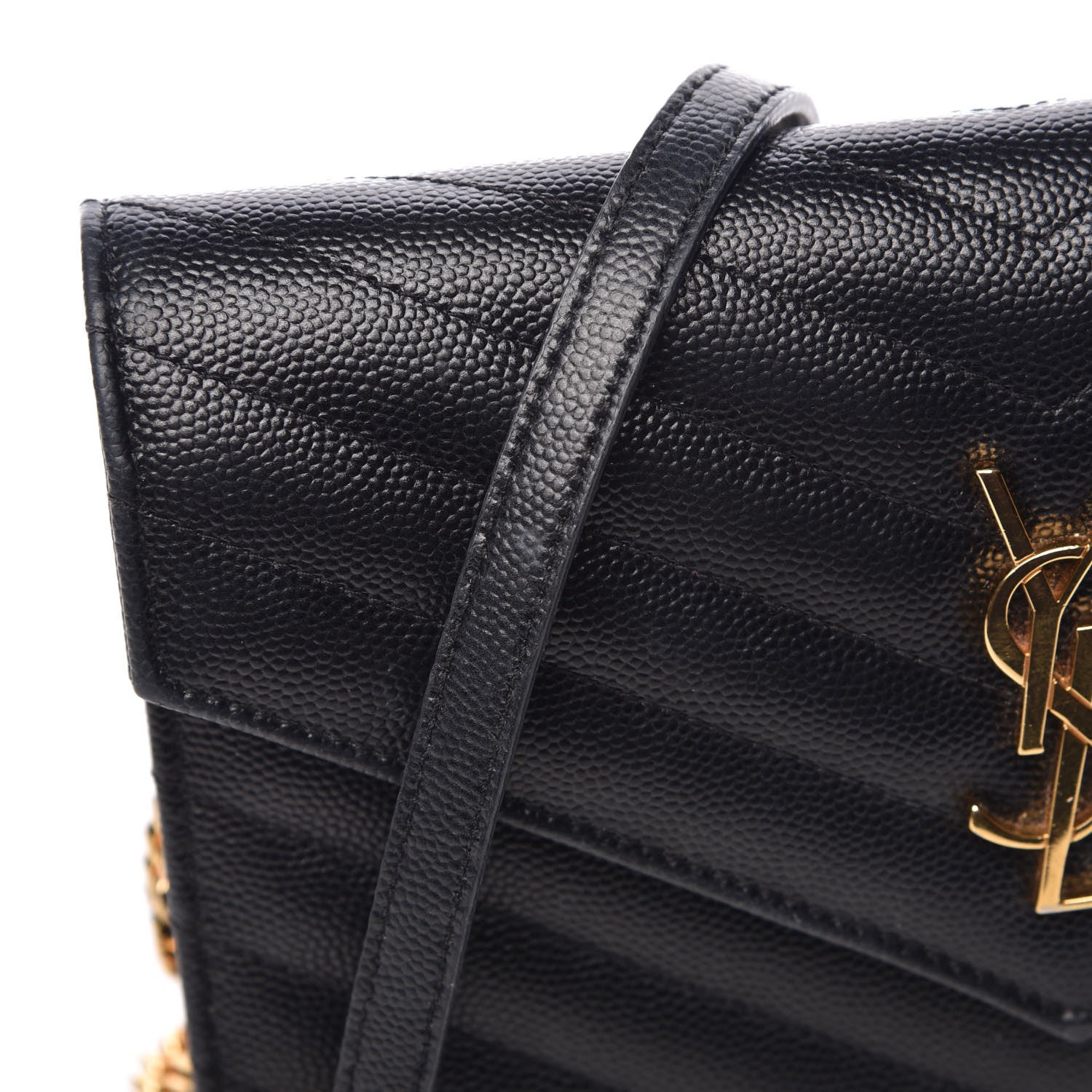 Saint Laurent Grain De Poudre Matelasse Chevron Monogram Envelope Chain Wallet Black 14 of 17