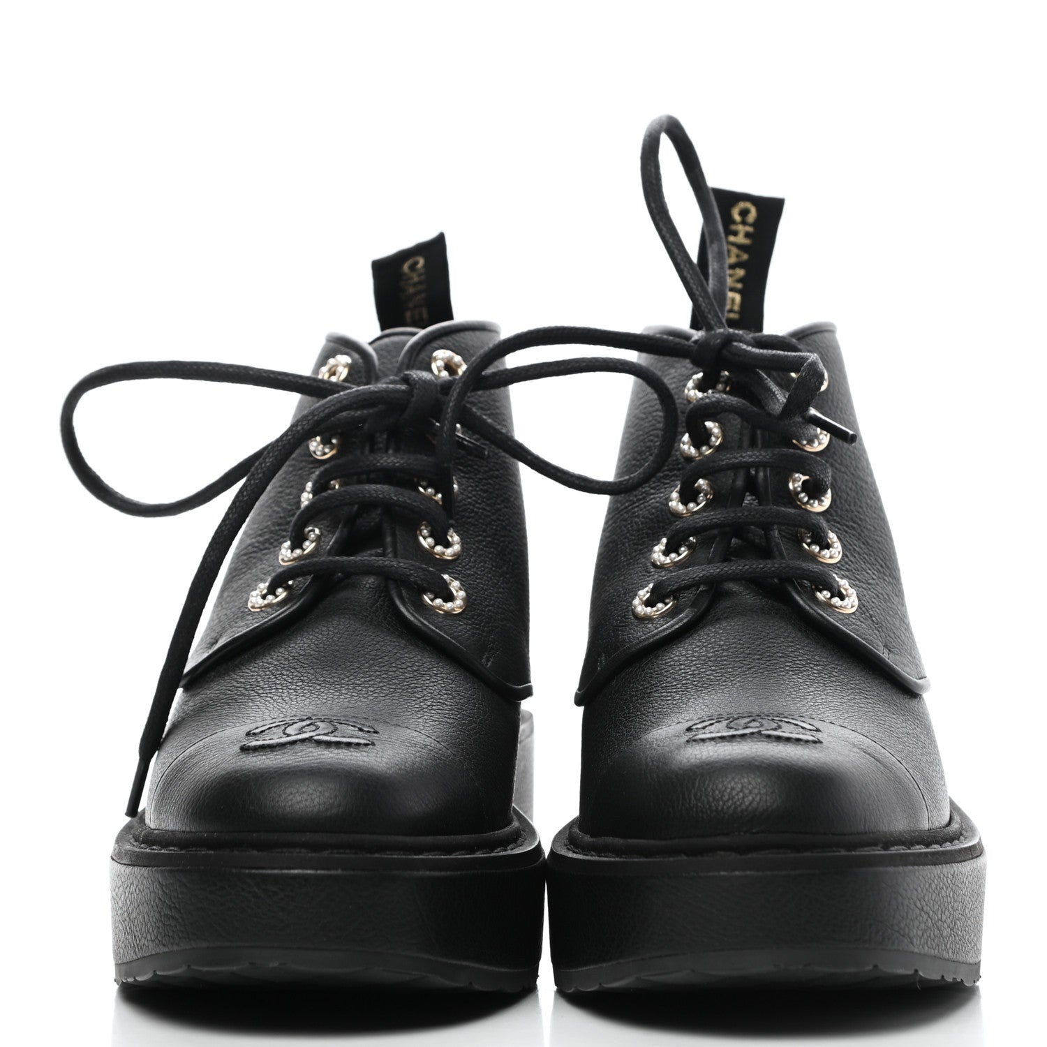 Chanel Goatskin Pearl Lace Up CC Short Boots 38 Black 2 of 8