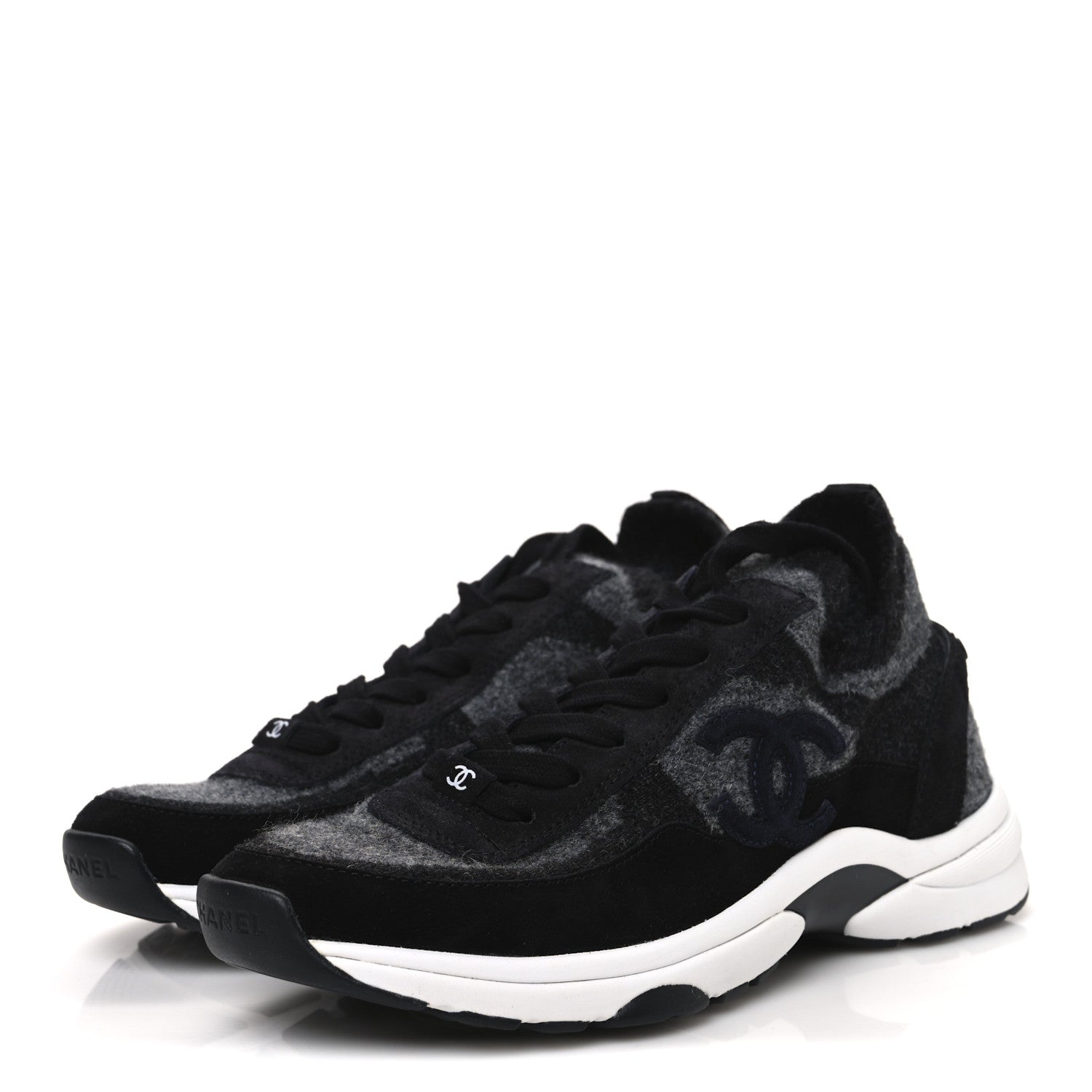 Chanel Knit Fabric Suede Calfskin Womens CC Sneakers 39 Black Grey 4 of 10