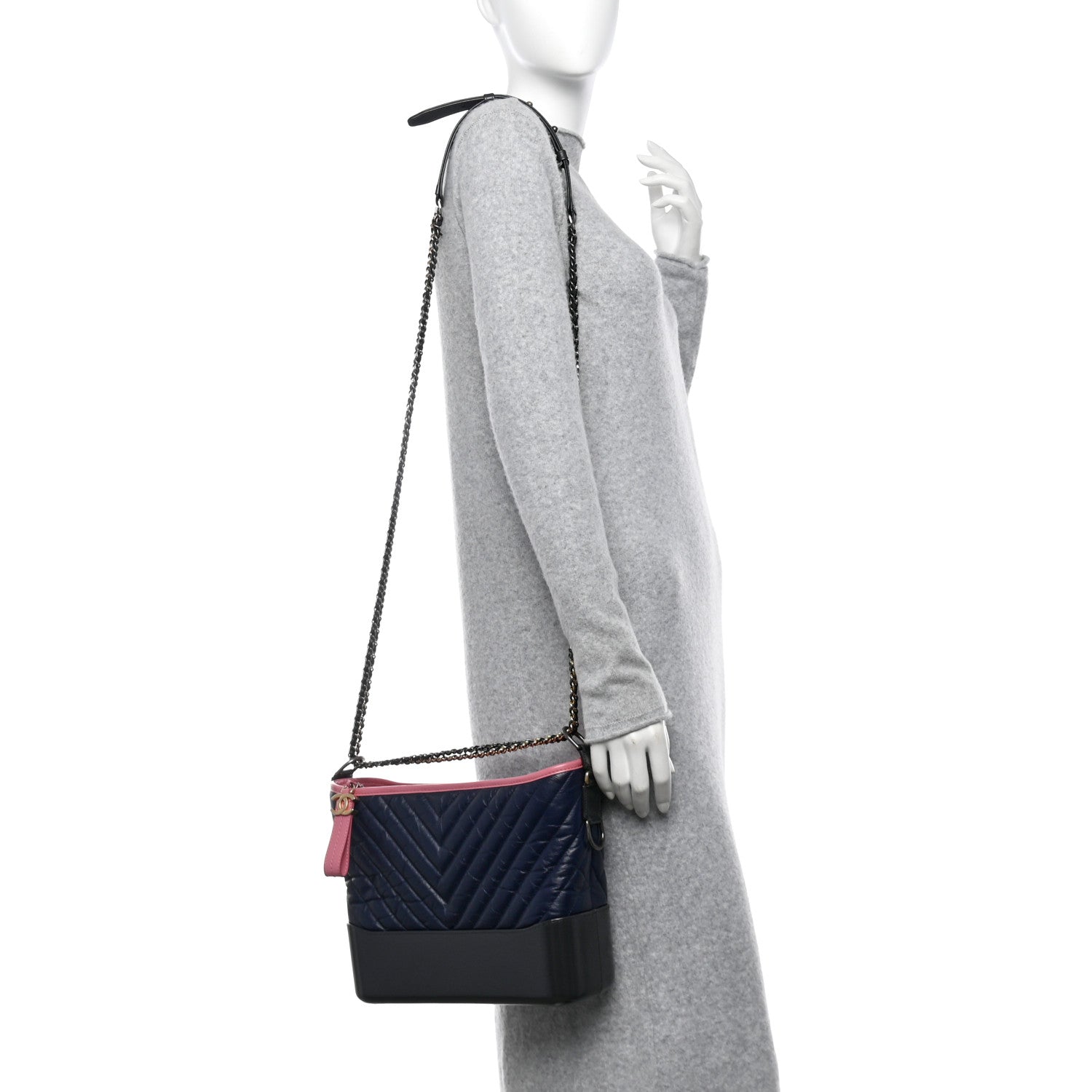 Chanel Aged Calfskin Chevron Quilted Medium Gabrielle Hobo Navy Black Pink 2 of 11