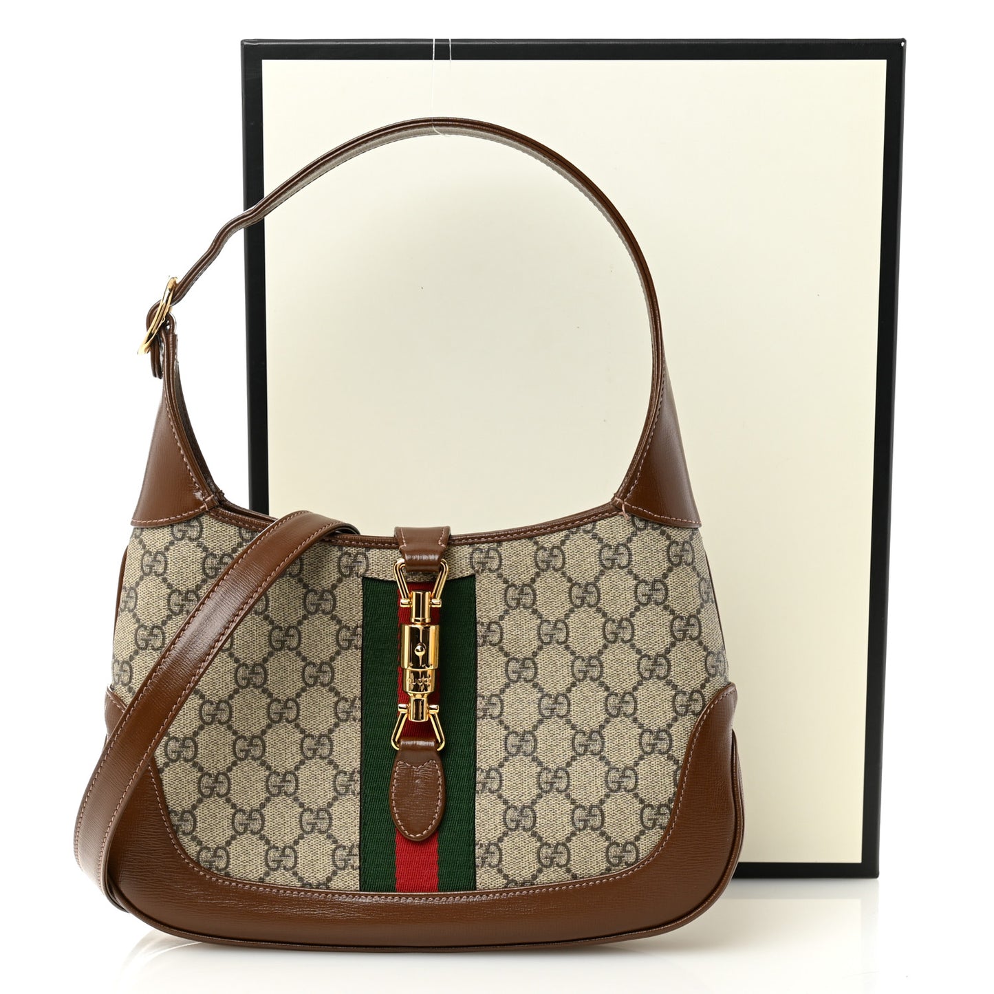 GG Supreme Monogram Azalea Calfskin Web Small Jackie 1961 Hobo Beige Ebony Brown Sugar