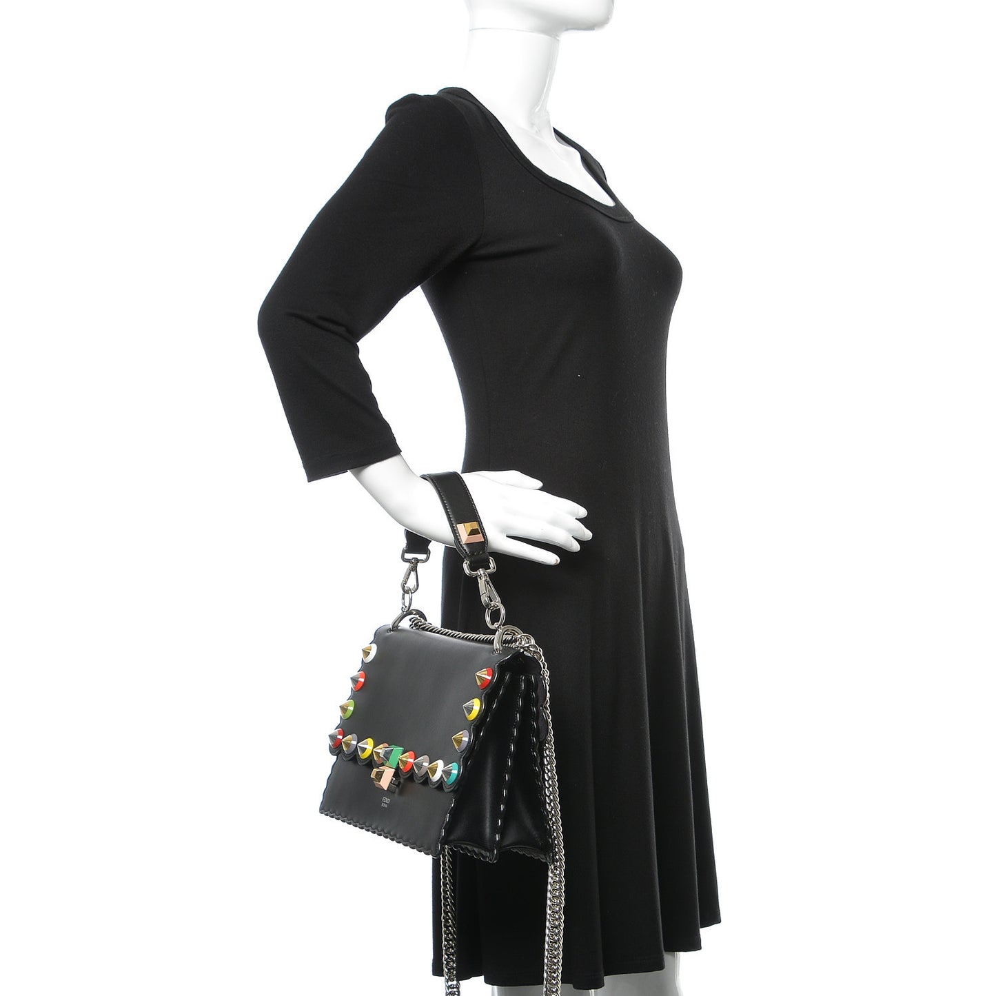 Vitello Liberty Scalloped Spike Studded Kan I Shoulder Bag Black Multicolor