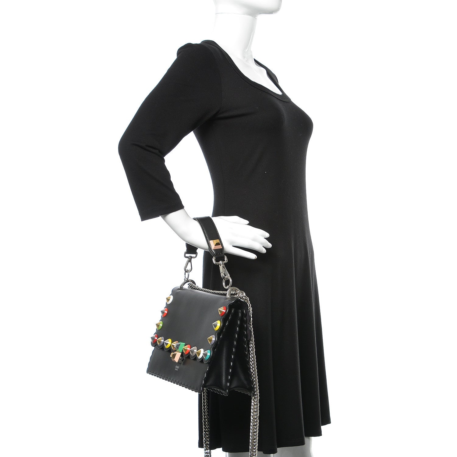 Fendi Vitello Liberty Scalloped Spike Studded Kan I Shoulder Bag Black Multicolor 3 of 10