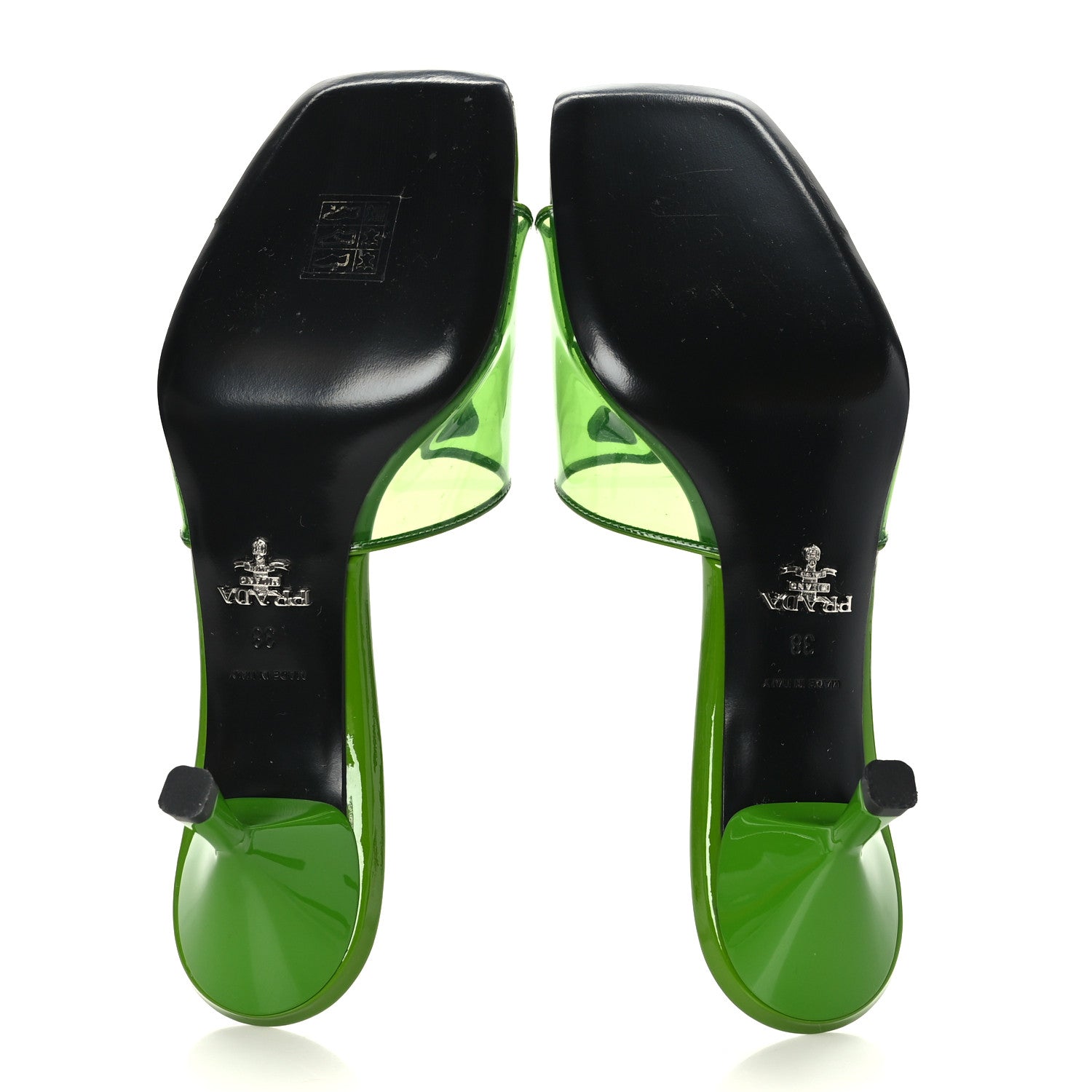 Prada Plexiglass Vernice Metal Triangle Logo 65mm Slide Sandals 38 Mela 5 of 7