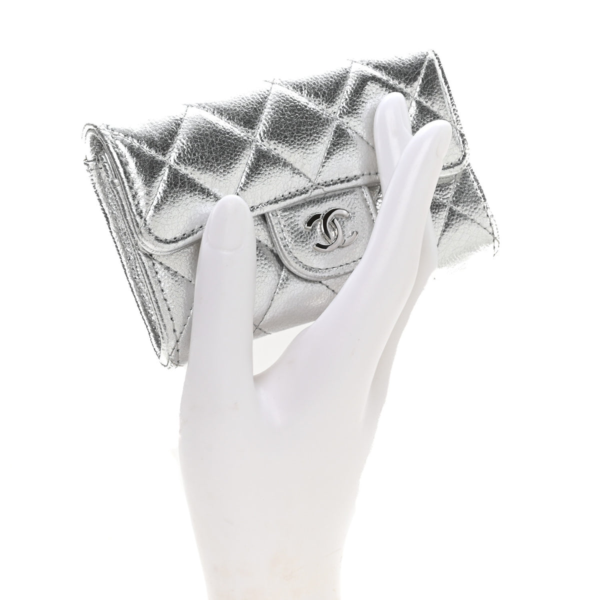 Metallic Caviar Quilted Flap Card Holder Wallet Silvery
