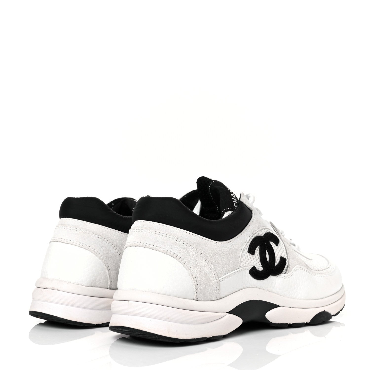 Chanel Mesh Suede Calfskin Grained Calfskin Womens CC Sneakers 39.5 White Black 4 of 8
