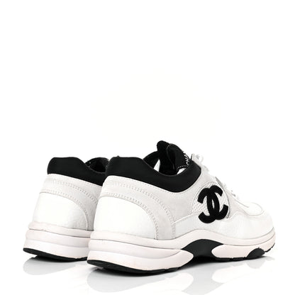 Chanel Mesh Suede Calfskin Grained Calfskin Womens CC Sneakers 39.5 White Black 4 of 8