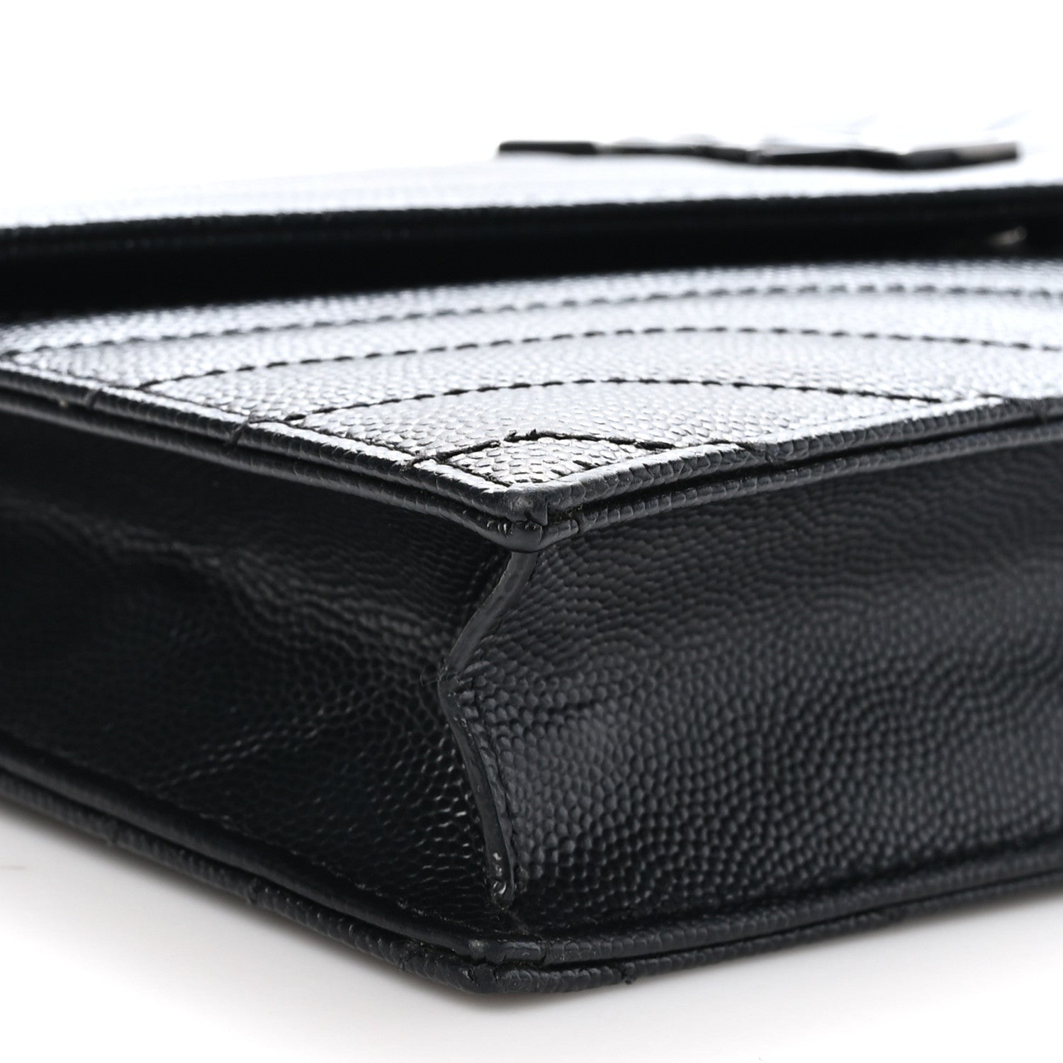 Saint Laurent Grain De Poudre Matelasse Chevron Monogram Monochrome Envelope Chain Wallet Black 8 of 9