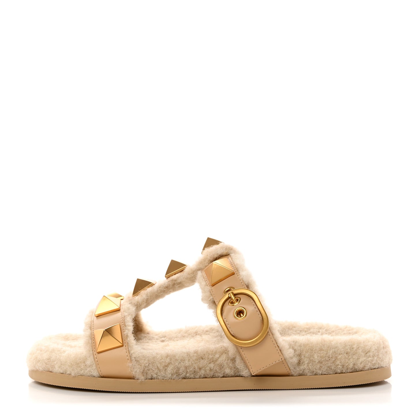 Shearling Roman Stud Slide Sandals 36 Sahara Beige