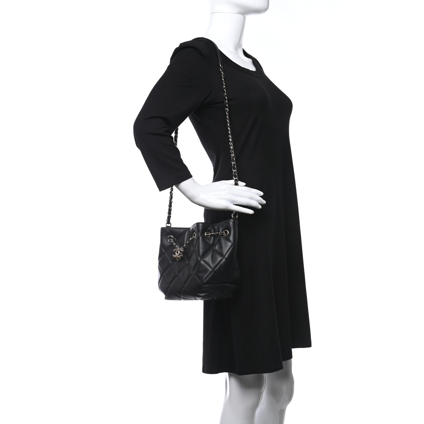 Lambskin Quilted CC Dweller Drawstring Bucket Bag Black