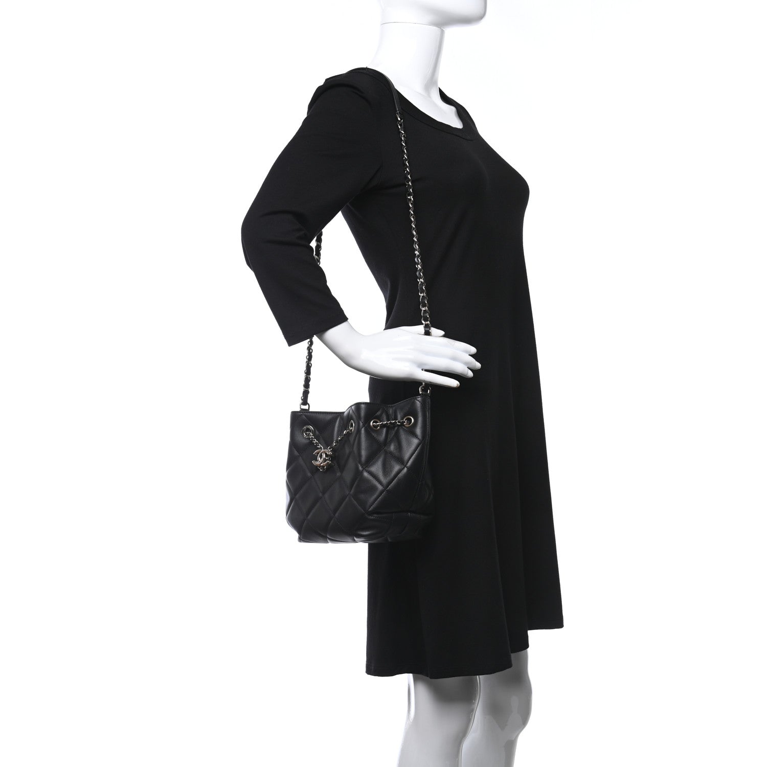 Chanel Lambskin Quilted CC Dweller Drawstring Bucket Bag Black 2 of 9