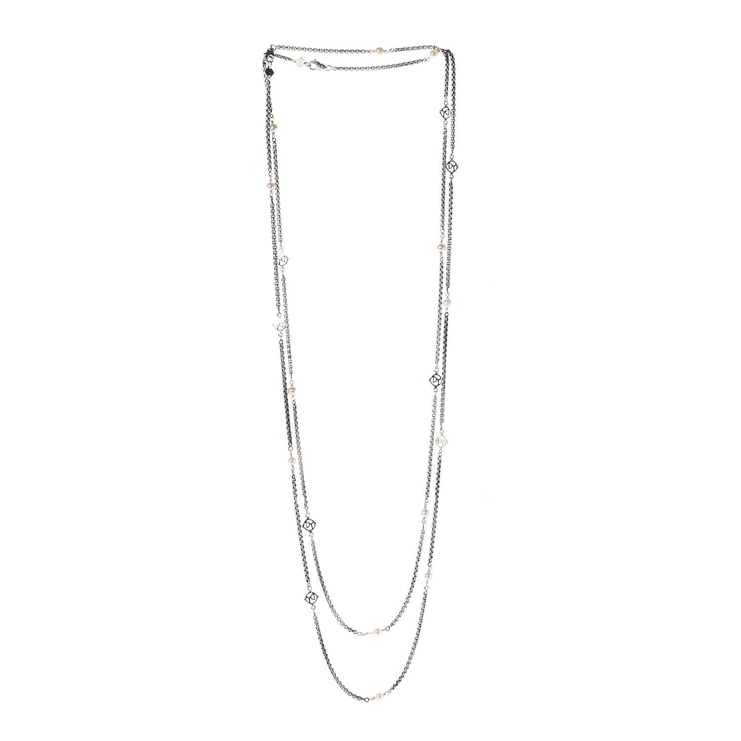 David Yurman Sterling Silver 14K Yellow Gold Pearl Logo Station Necklace 62" 4 of 8