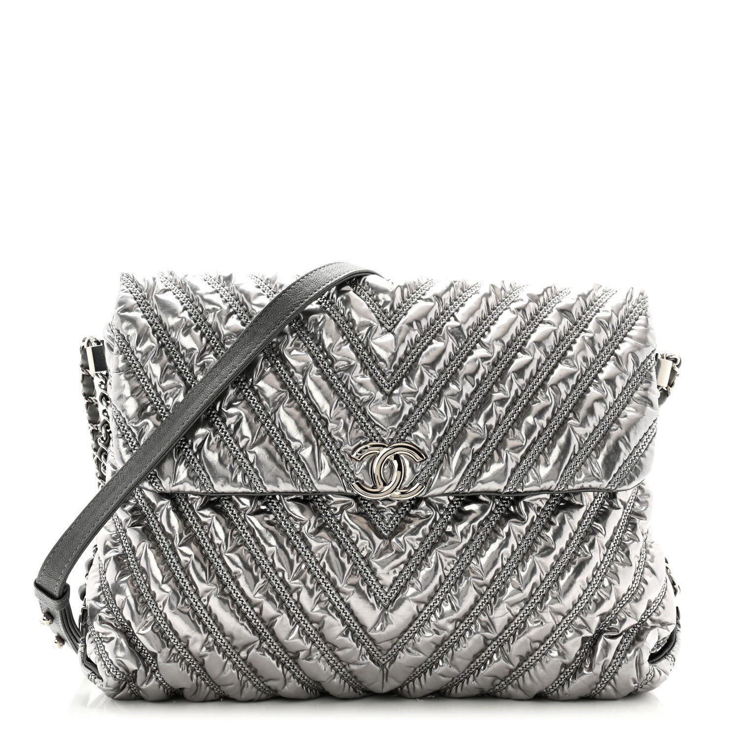 Chanel Metallic Chevron Quilted Space Suit Flap Dark Grey 1 of 11