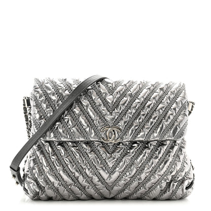 Chanel Metallic Chevron Quilted Space Suit Flap Dark Grey 1 of 11