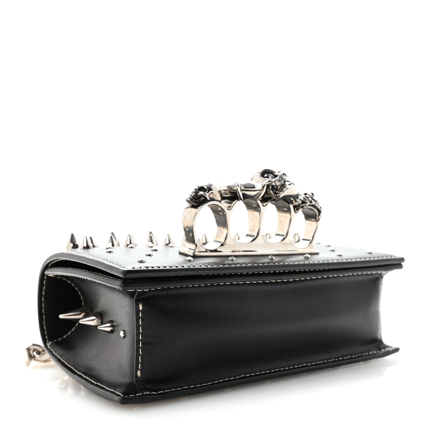 Calfskin Spike Studded Knuckle Satchel Black Silver