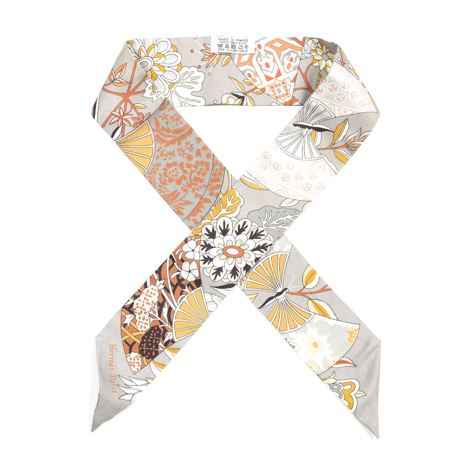 Hermes Silk Fleurs et Papillons de Tissus Twilly Gris Perle Brun Or 1 of 3