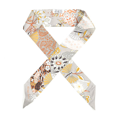 Hermes Silk Fleurs et Papillons de Tissus Twilly Gris Perle Brun Or 1 of 3