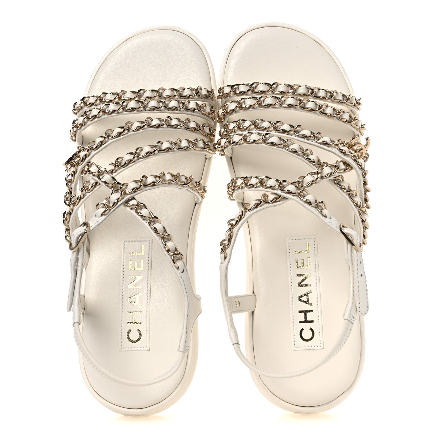 Lambskin Metal Chain Ankle Strap Sandals 39 White