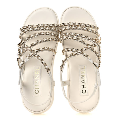 Chanel Lambskin Metal Chain Ankle Strap Sandals 39 White 2 of 12