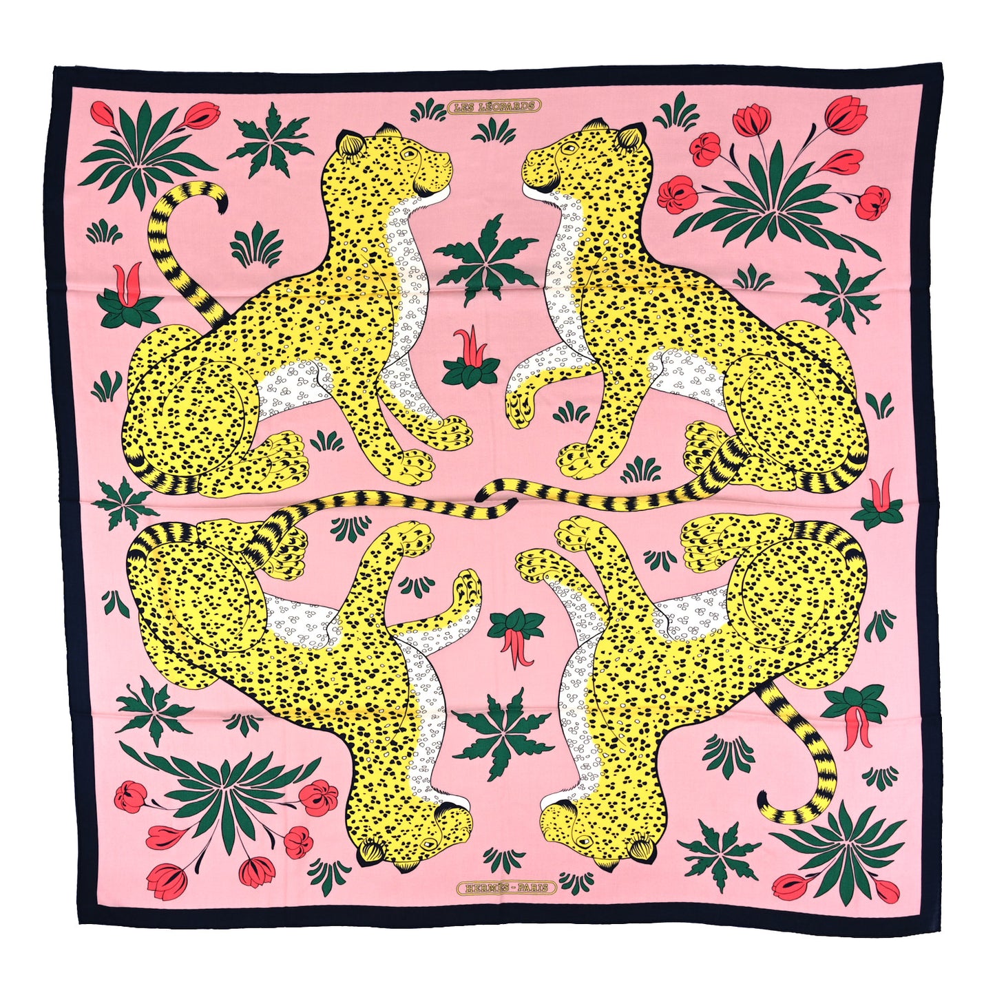Cashmere Silk Les Leopards Shawl 140 Marine Rose Buvard
