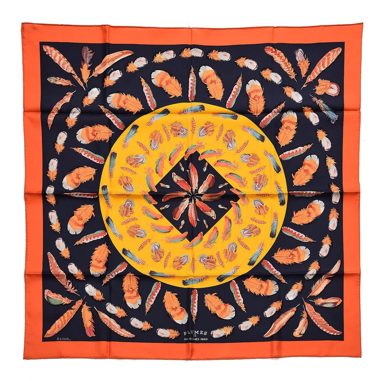 Silk Plumes II Scarf 90 Capucine Marine Jaune D'Or