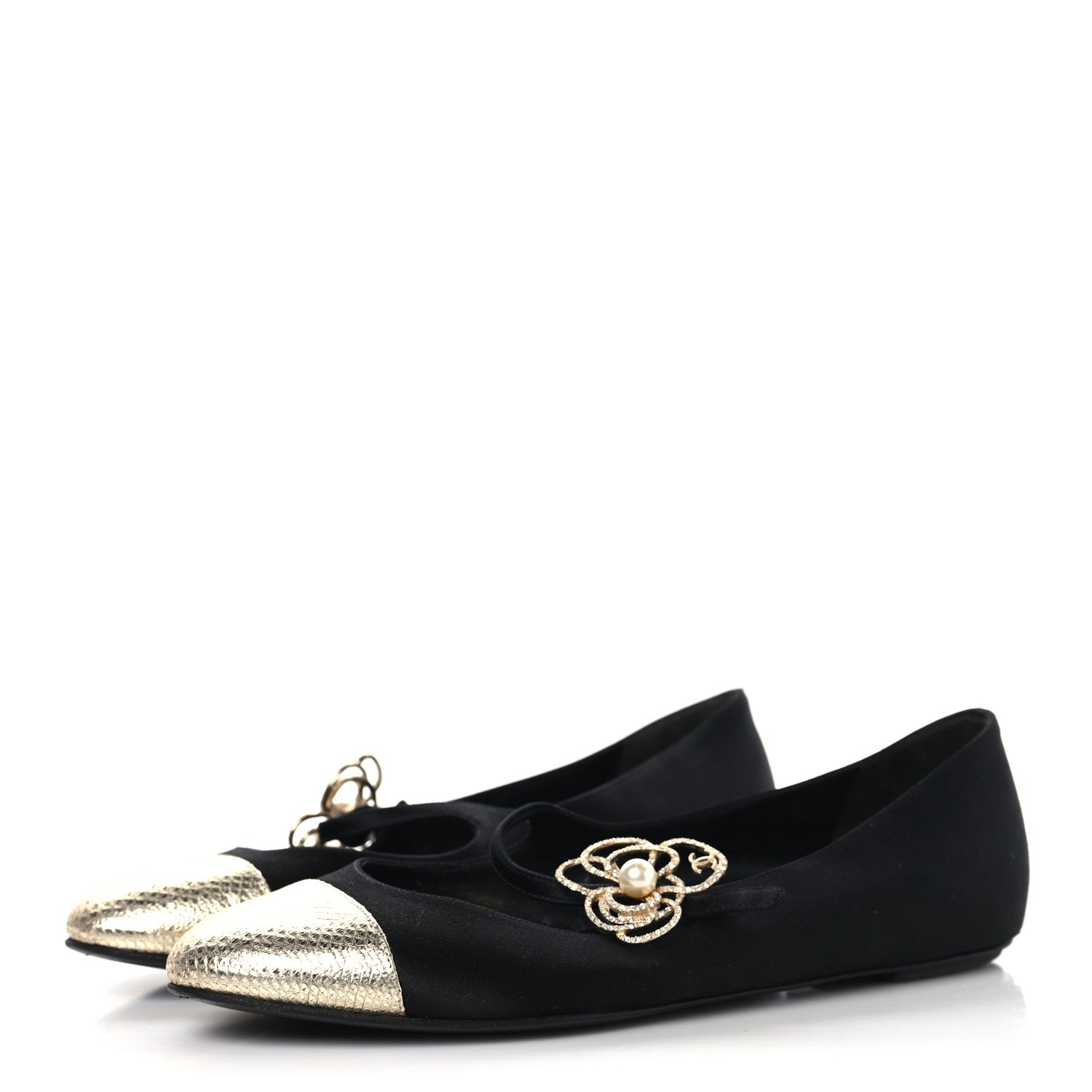 Chanel Satin Crystal Snakeskin Embossed Cap Toe Ballerina Flats 38 Black Gold 4 of 9