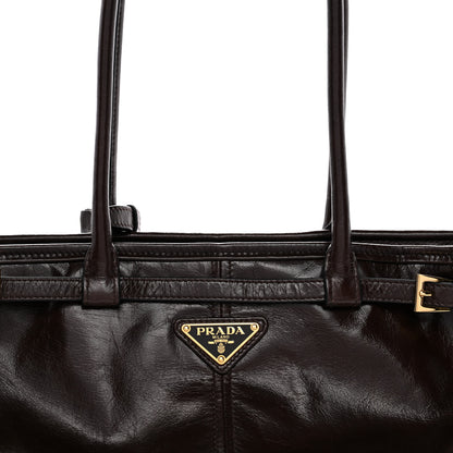 Prada Glossy Calfskin Triangle Medium Bonnie Shoulder Bag Dark Brown 7 of 9