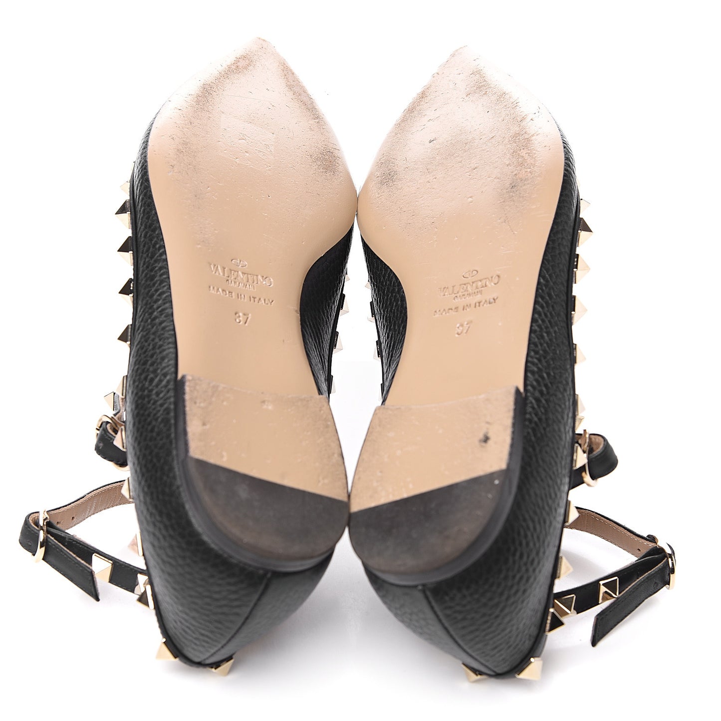 Pebbled Calfskin Rockstud Cage Ballerina Flats 37 Black