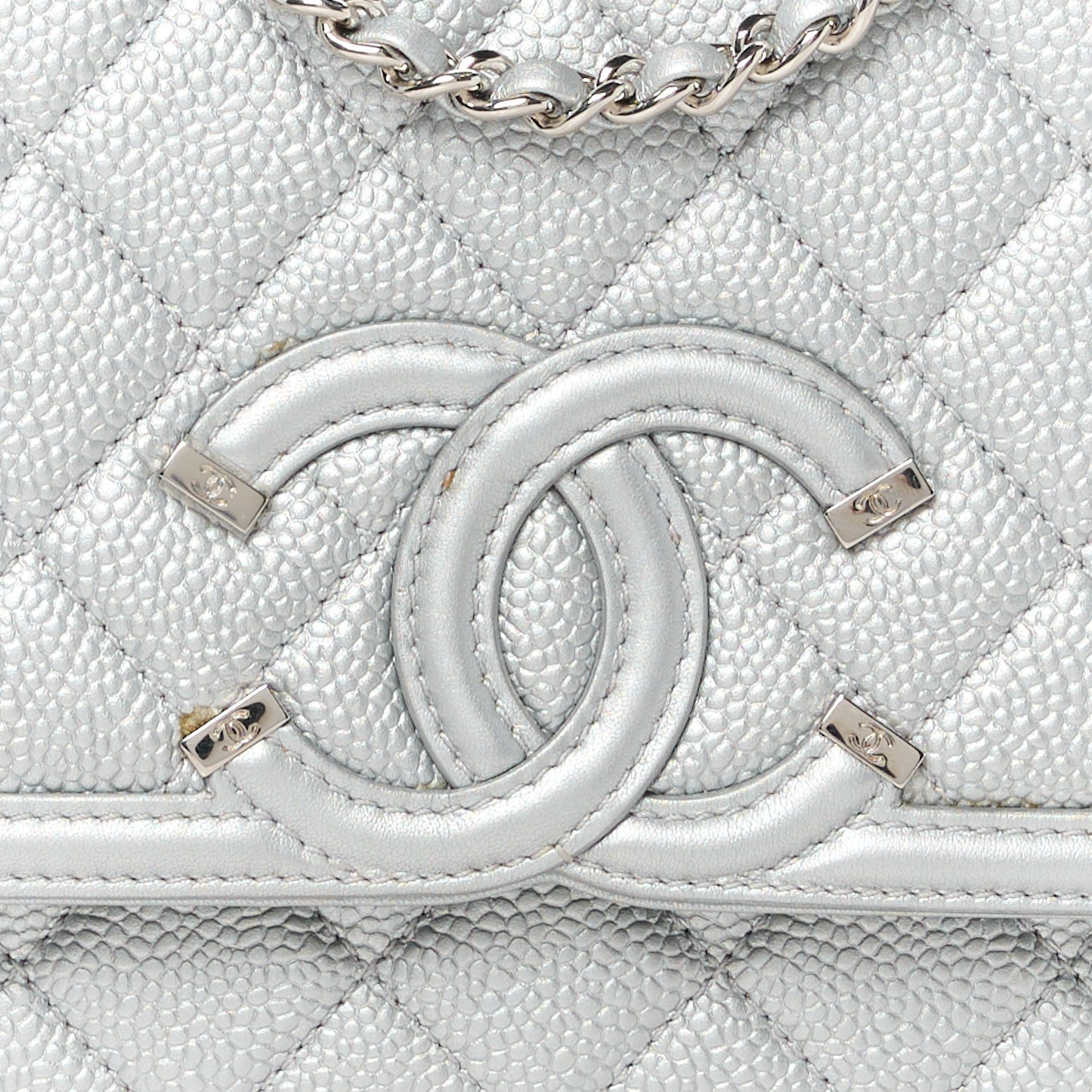 Metallic Caviar Quilted Small CC Filigree Flap Silver