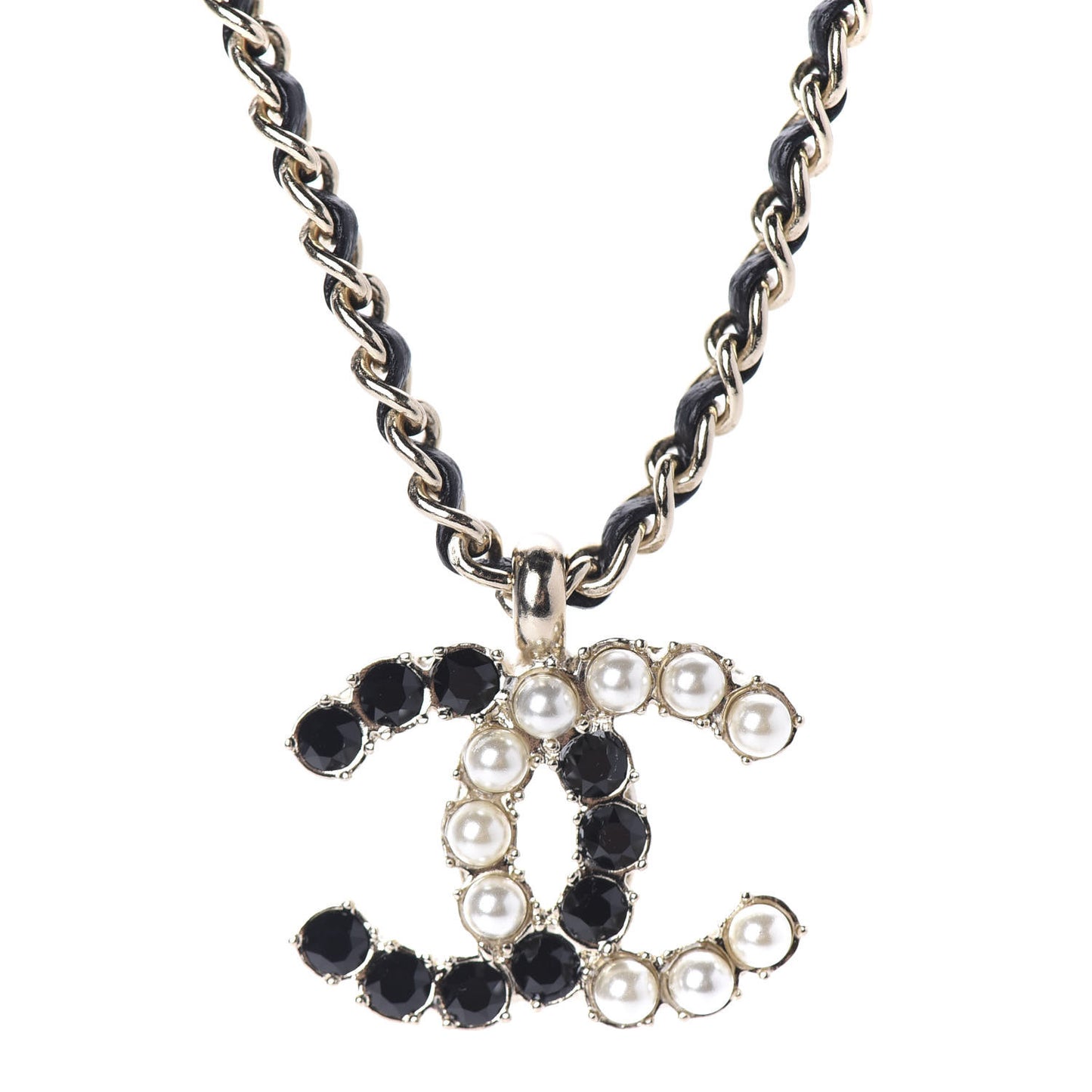 Lambskin Resin Pearl Dazzling Domino Short Necklace Gold Black