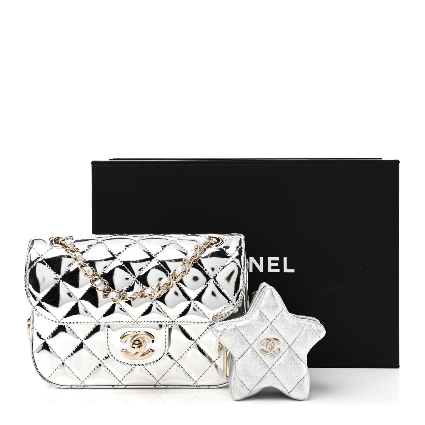 Mirror Calfskin Metallic Calfskin Quilted Hollywood Boulevard Mini Flap With Star Coin Purse Silver