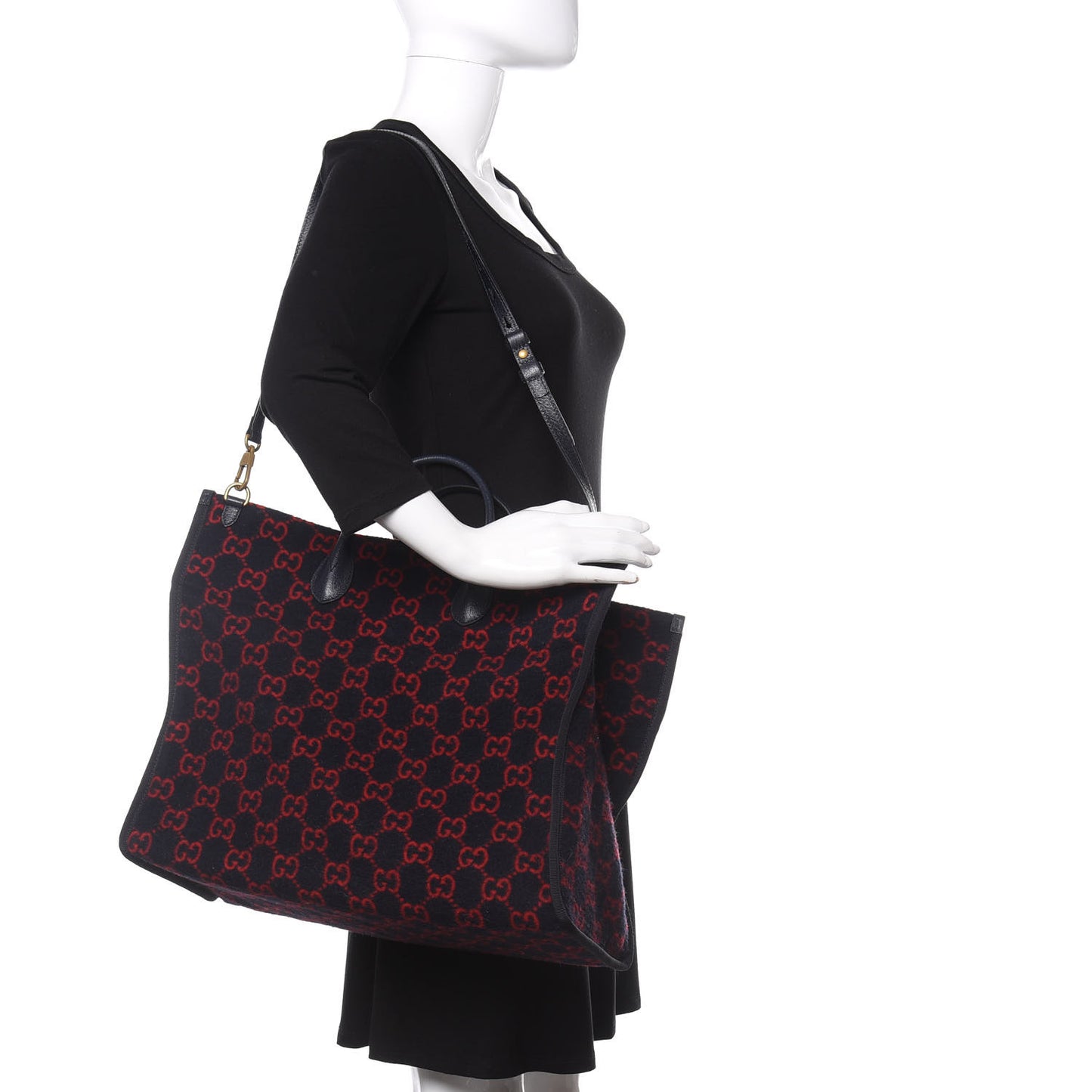 Covered Wool Textured Dollar Calfskin GG Monogram Large Tote Bag Blue Red
