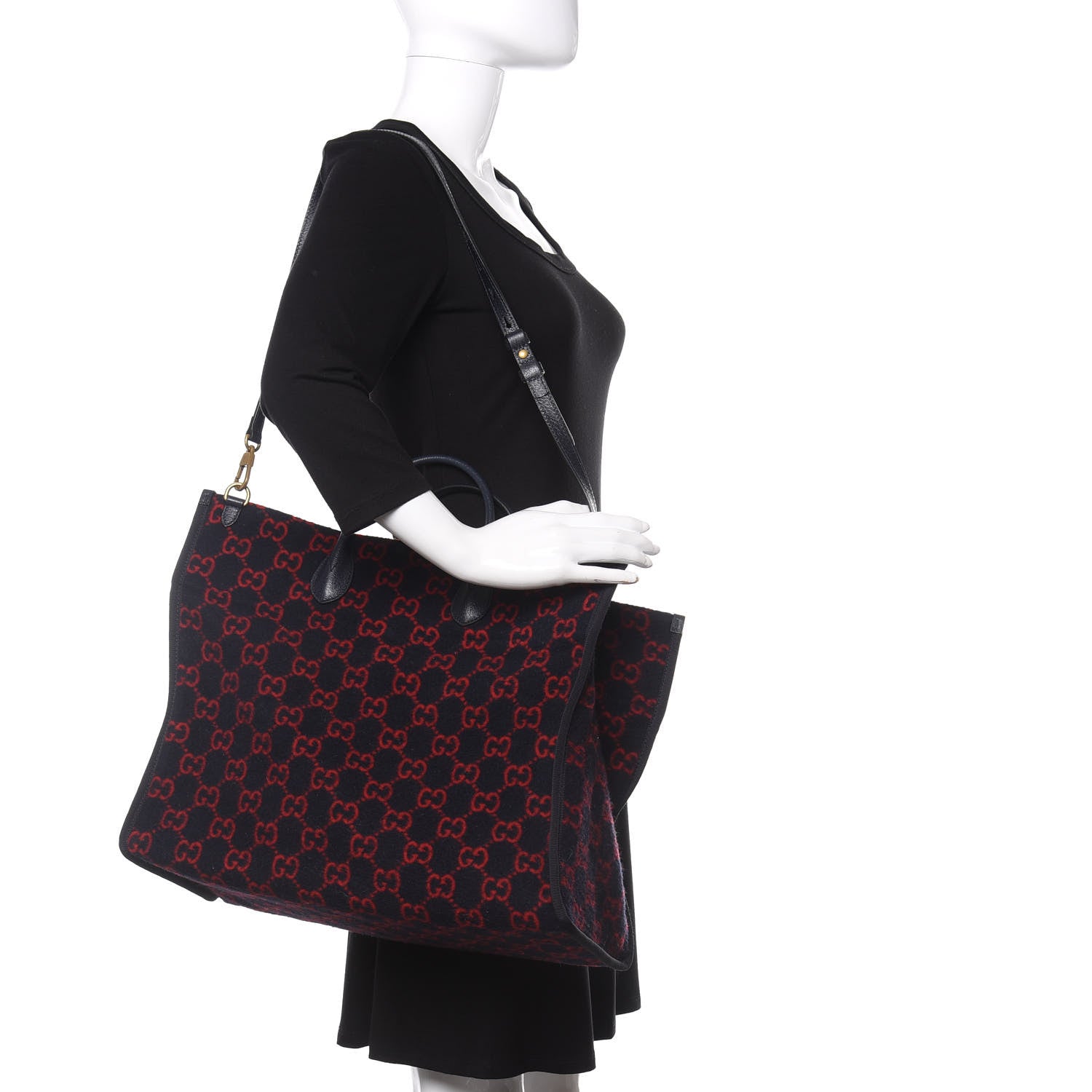 Gucci Covered Wool Textured Dollar Calfskin GG Monogram Large Tote Bag Blue Red 2 of 9
