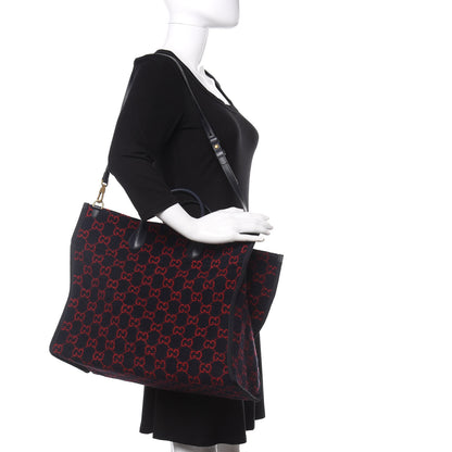 Gucci Covered Wool Textured Dollar Calfskin GG Monogram Large Tote Bag Blue Red 2 of 9