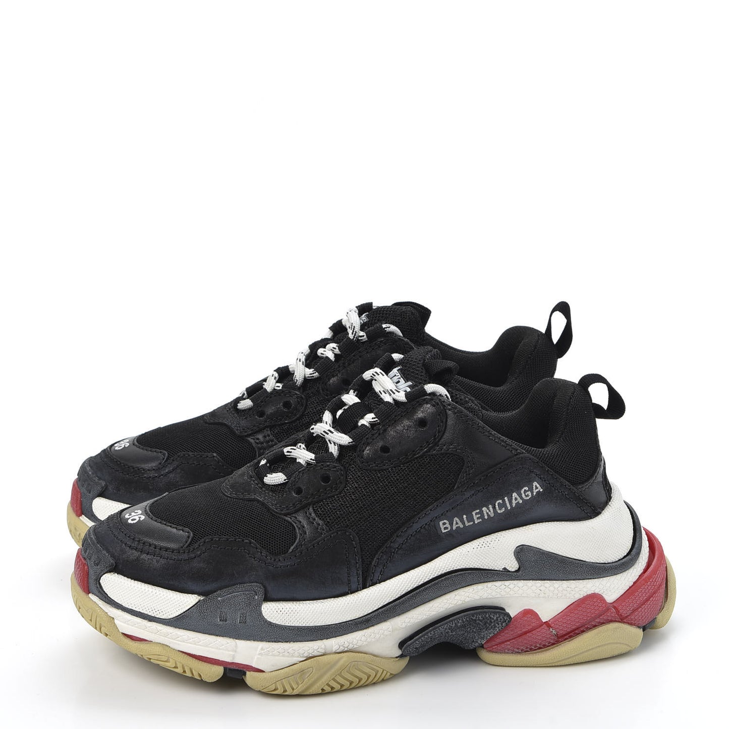 Fabric Mesh Washed Effect Womens Triple S Sneakers 36 Black Red