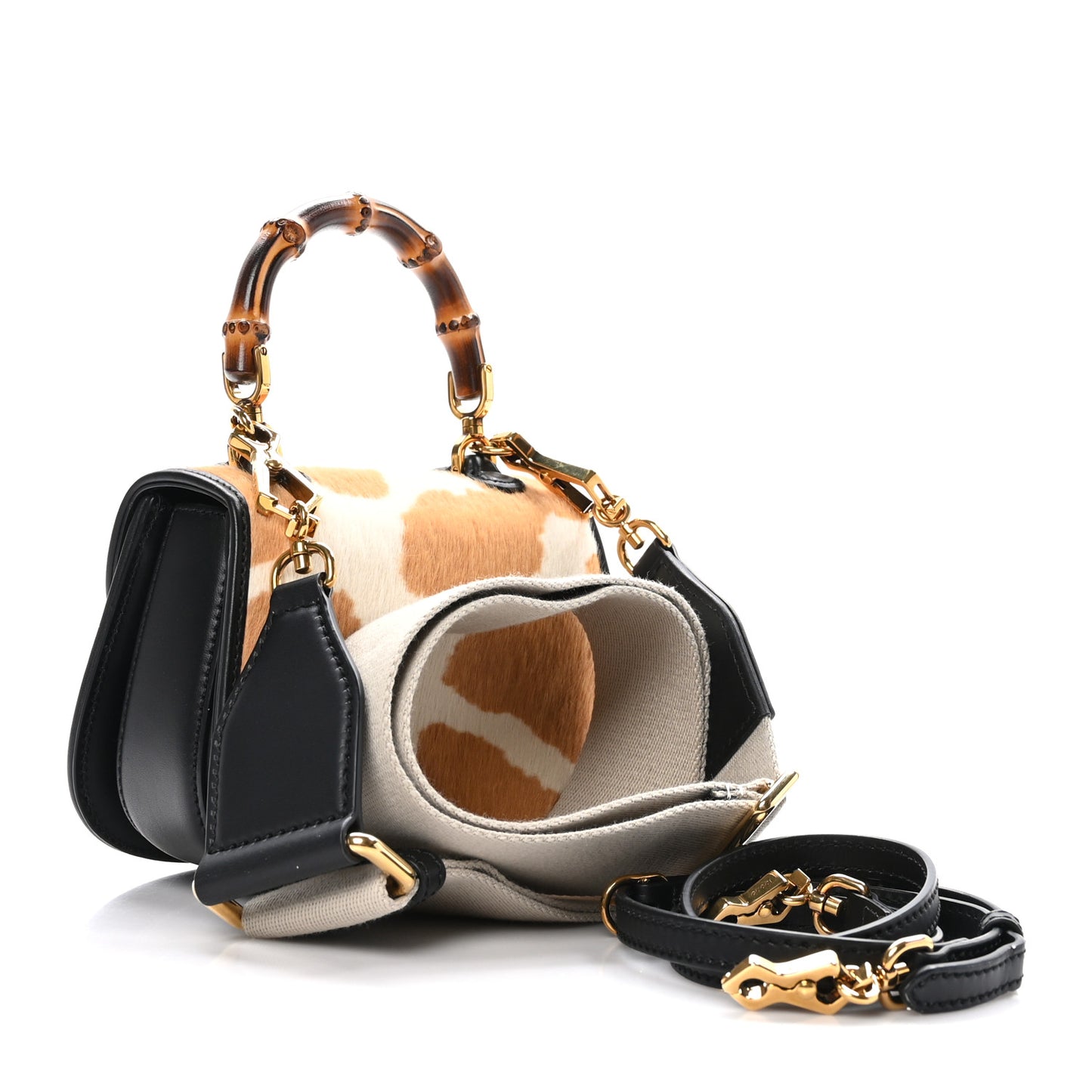 Calfskin Pony Hair Giraffe Print Mini Bamboo 1947 Top Handle  Bag  Beige Black Multicolor