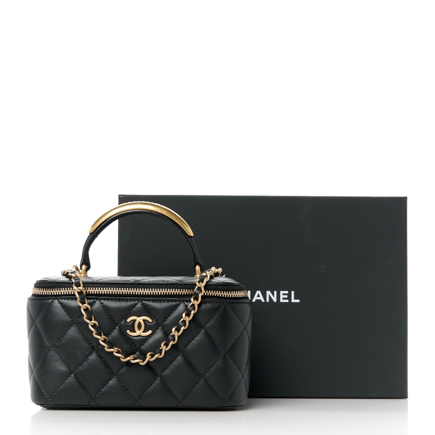 Lambskin Quilted Metal Small Top Handle Vanity Case With Chain Black