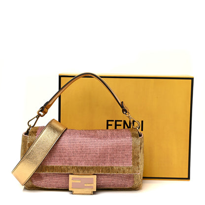 Fendi Vitello Catalan Mirror Bead Embroidered Baguette Rosa Pesca Gold 17 of 17