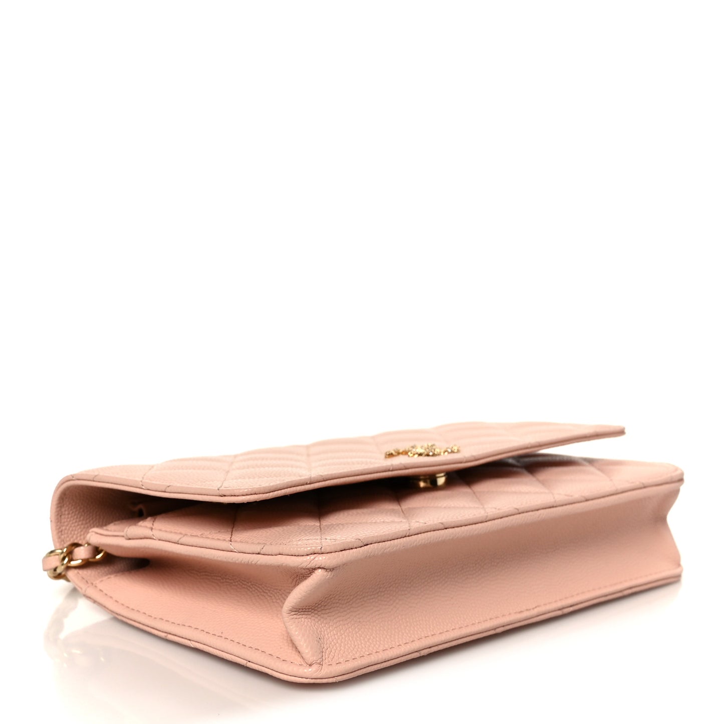 Grained Calfskin Quilted Strass CC Wallet On Chain WOC Light Pink