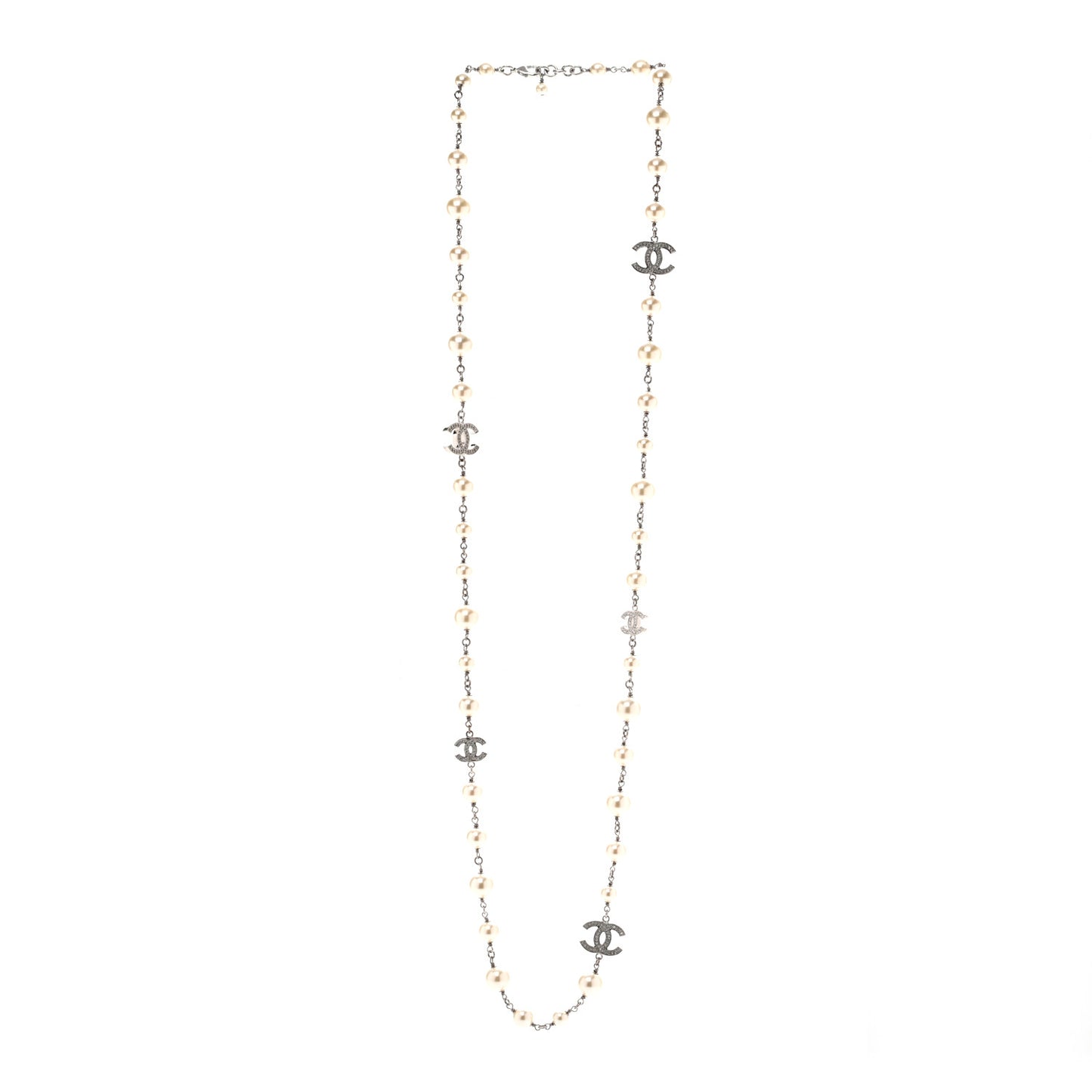 Graduated Pearl Crystal CC Long Necklace Silver
