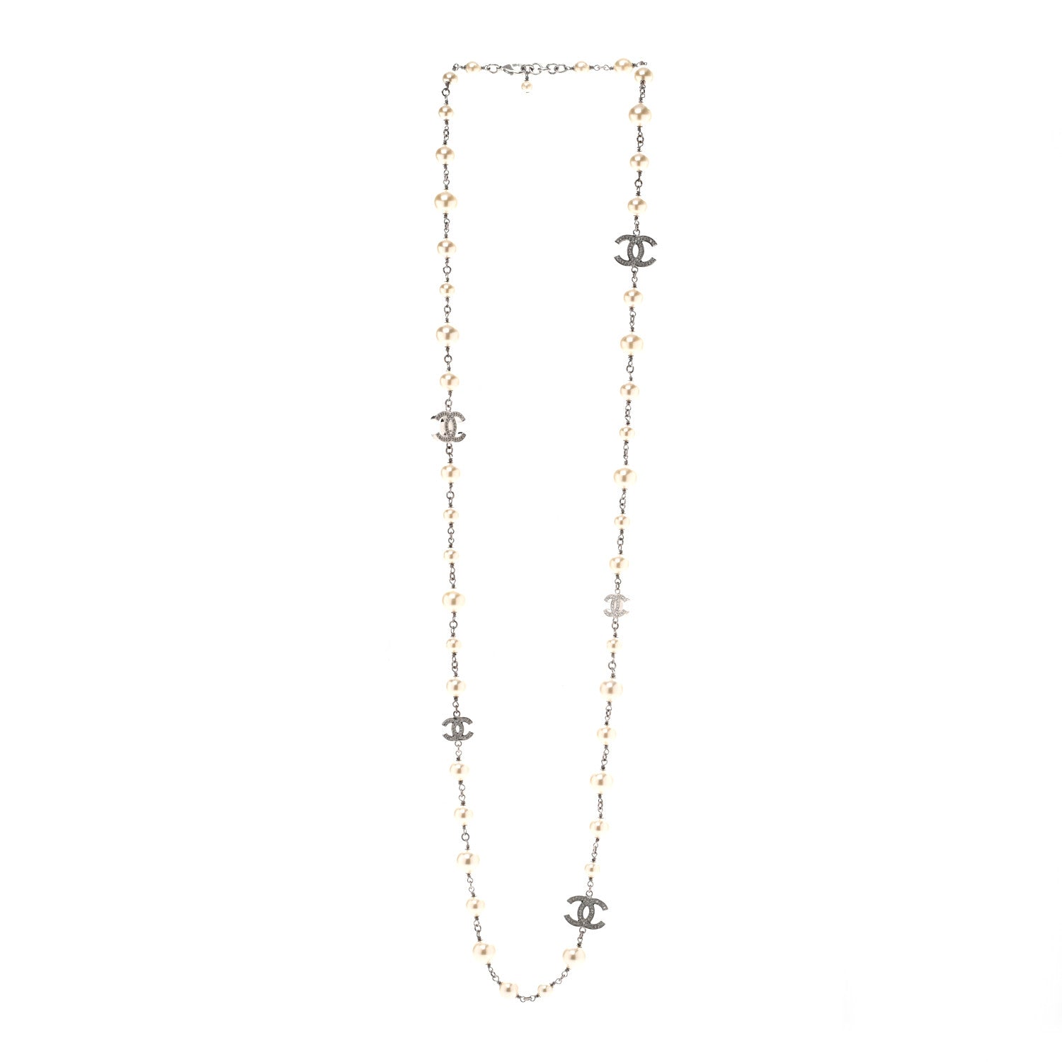 Chanel Graduated Pearl Crystal CC Long Necklace Silver 3 of 8